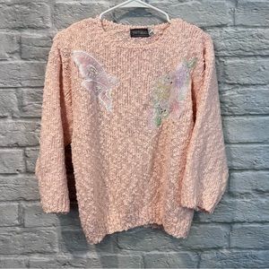 Vintage Women’s Large Yarn Works Pastel Pink Floral Detail Knit Light Weight Top